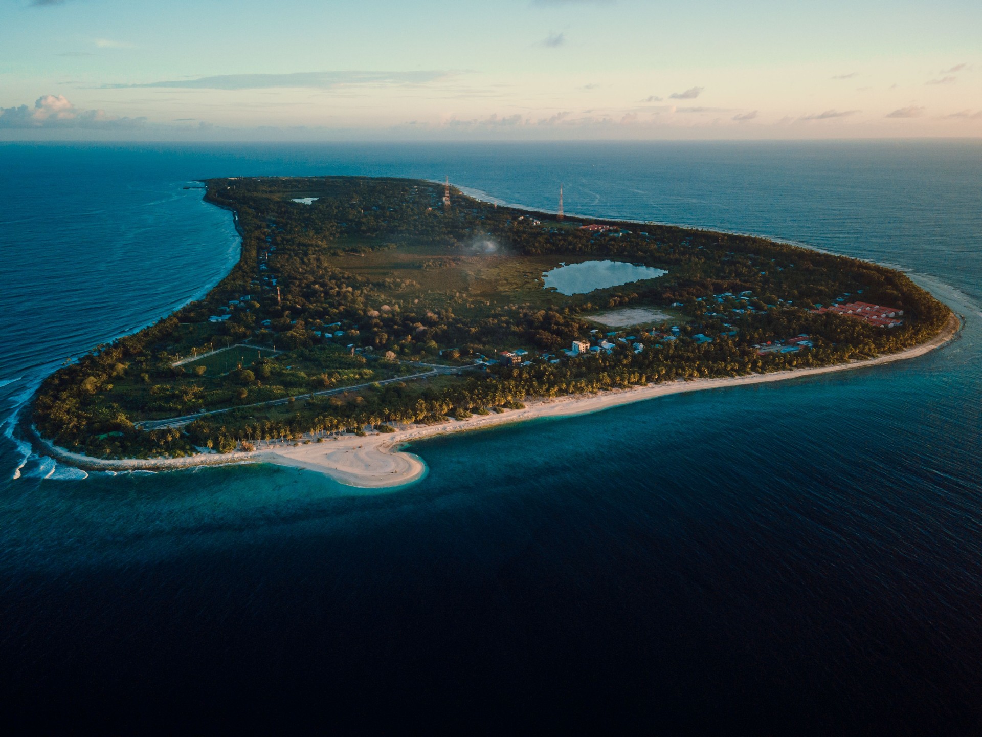 Panoramic drone view of Fuvahmulah island in Indian ocean. Aerial landscape